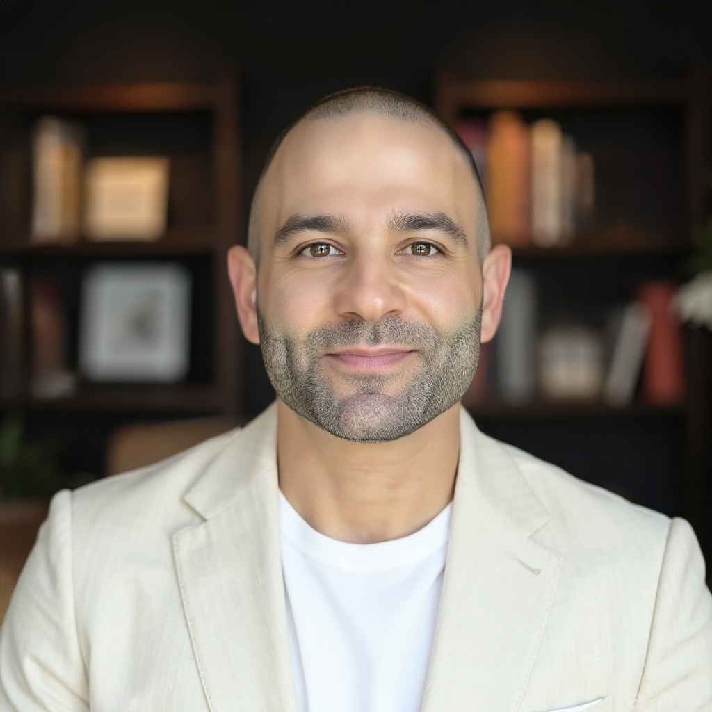 Portrait of Jason Bratin in a cream blazer, library backdrop